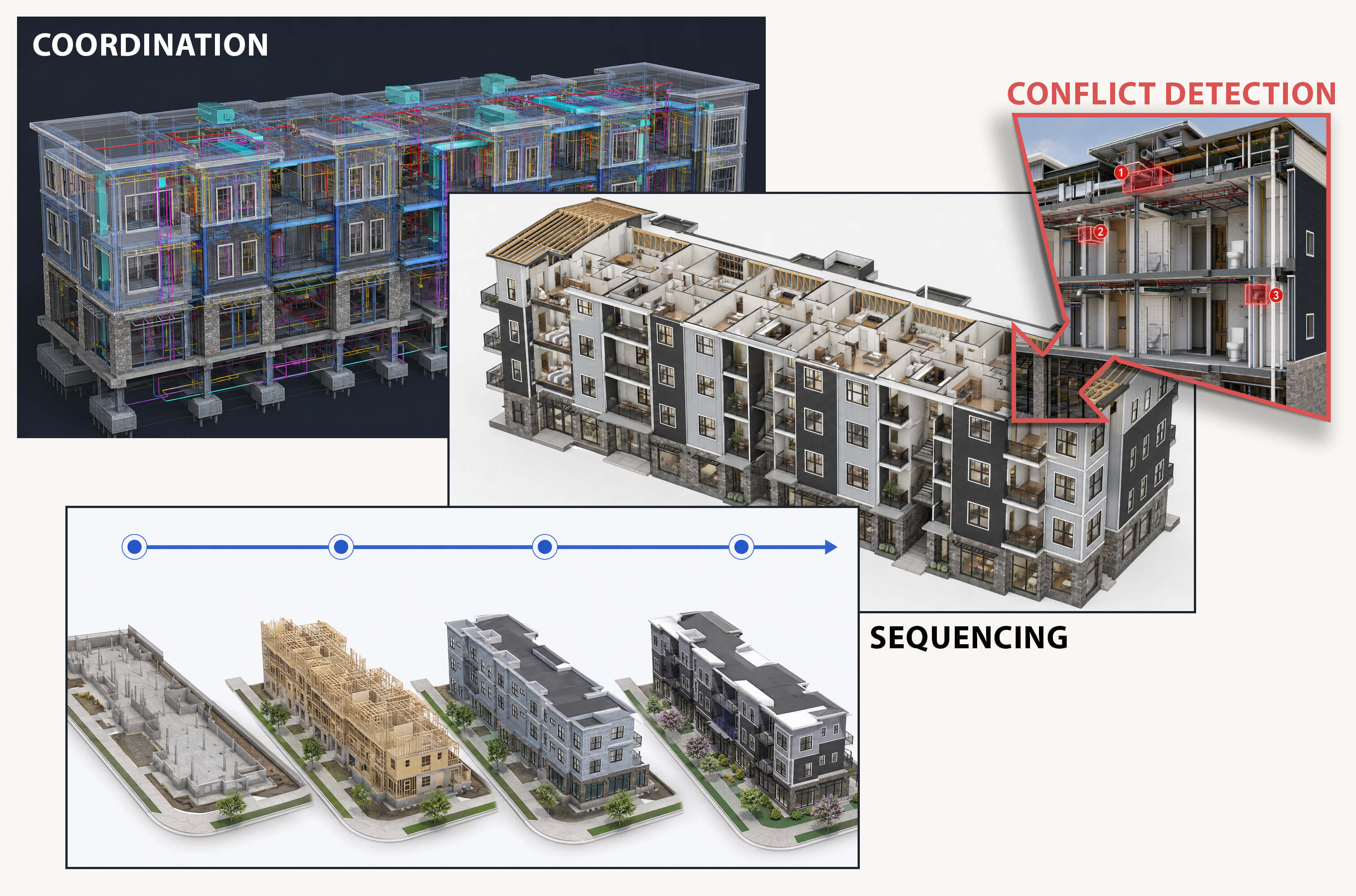 Architectural BIM models showing coordinated building design