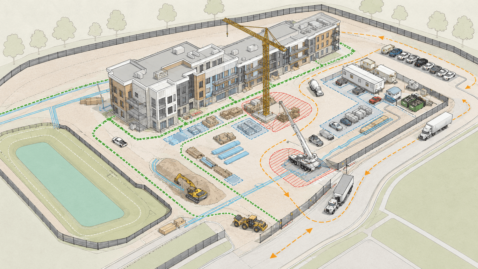 Construction site logistics plan showing access, staging, and sequencing